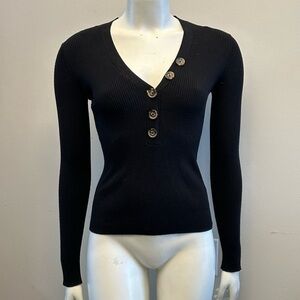 ICON Black Fitted Ribbed Top with Long Sleeves and Button Detail